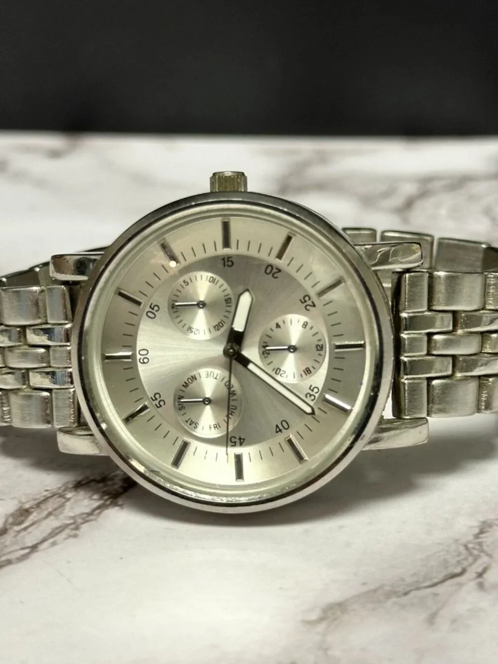 3/$30 Merona Watch Women Silver Tone Baton Indexes Round 38MM Dial 7.5